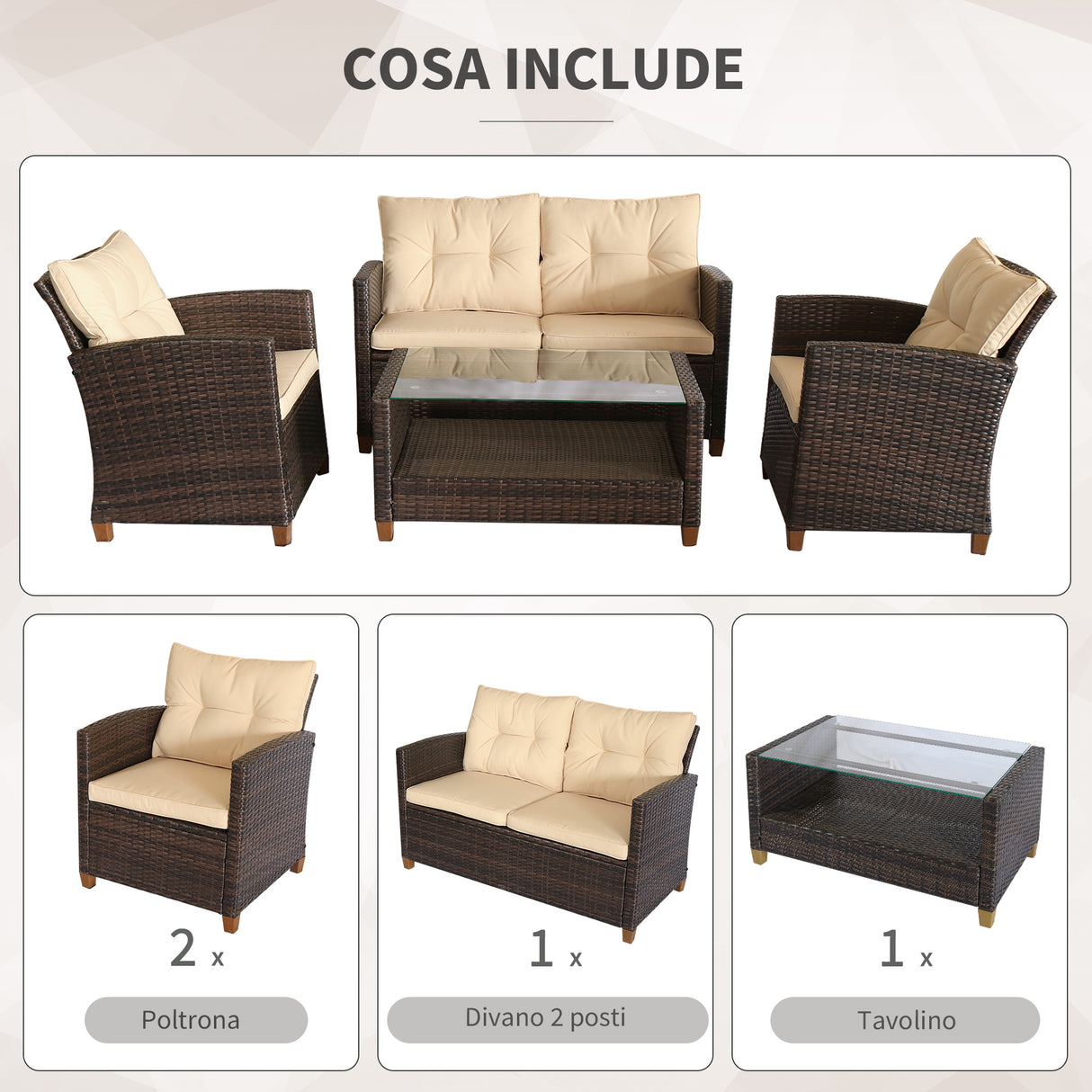 easycomfort set mobili da giardino 4 pezzi in rattan pe tavolino divano e poltrone marrone con cuscini beige