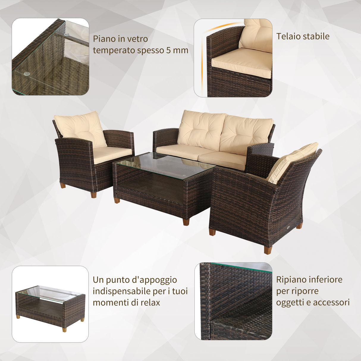 easycomfort set mobili da giardino 4 pezzi in rattan pe tavolino divano e poltrone marrone con cuscini beige