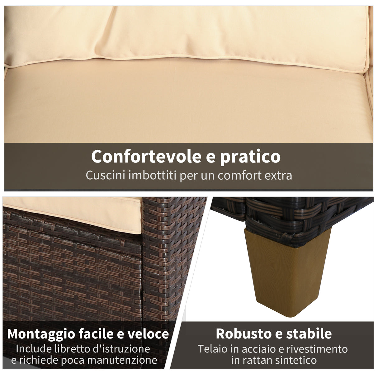 easycomfort set mobili da giardino 4 pezzi in rattan pe tavolino divano e poltrone marrone con cuscini beige