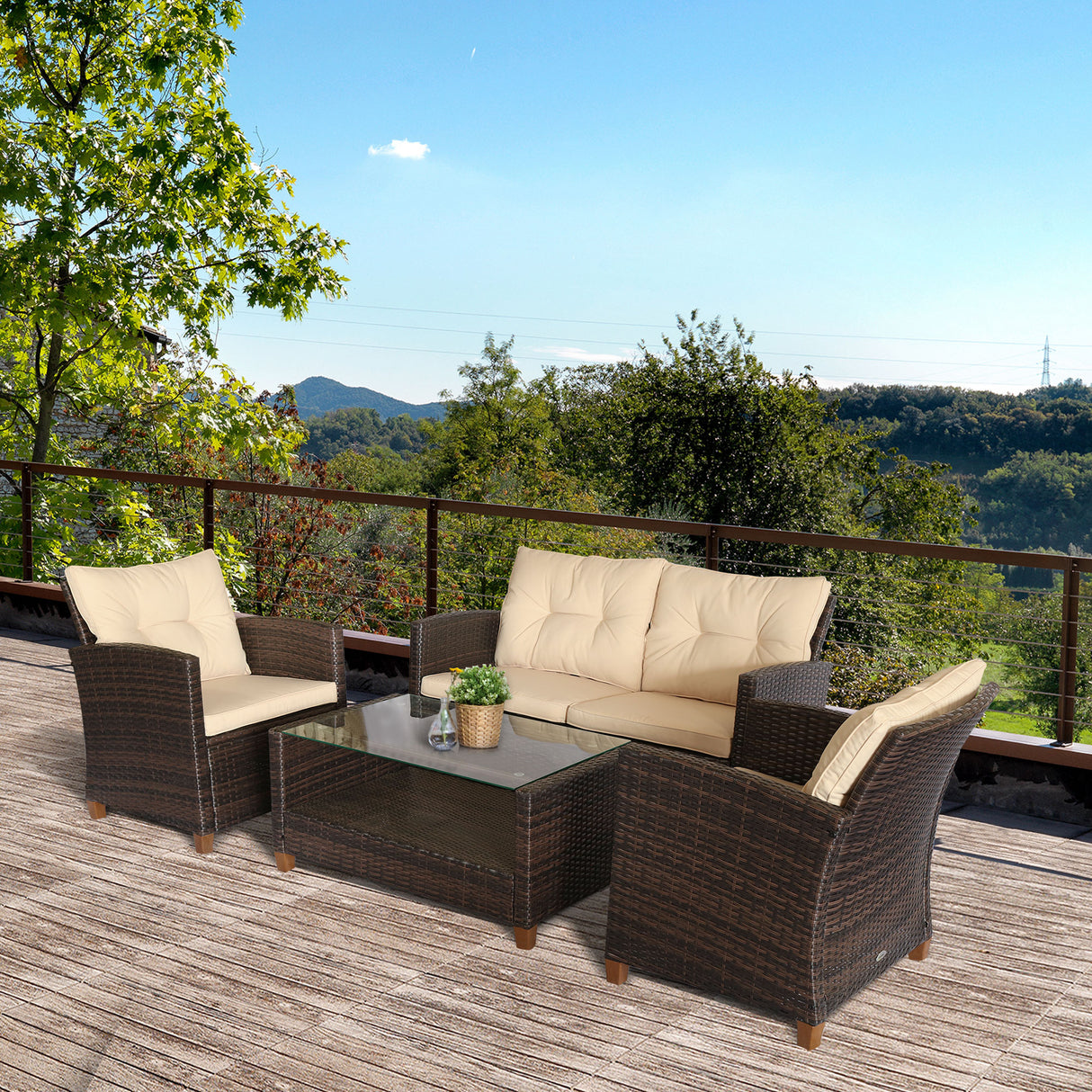 easycomfort set mobili da giardino 4 pezzi in rattan pe tavolino divano e poltrone marrone con cuscini beige