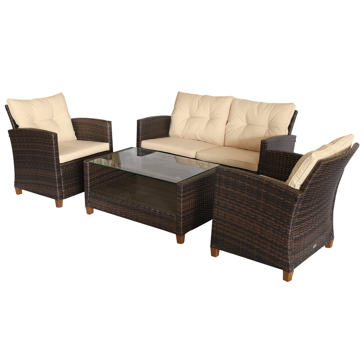 easycomfort set mobili da giardino 4 pezzi in rattan pe tavolino divano e poltrone marrone con cuscini beige