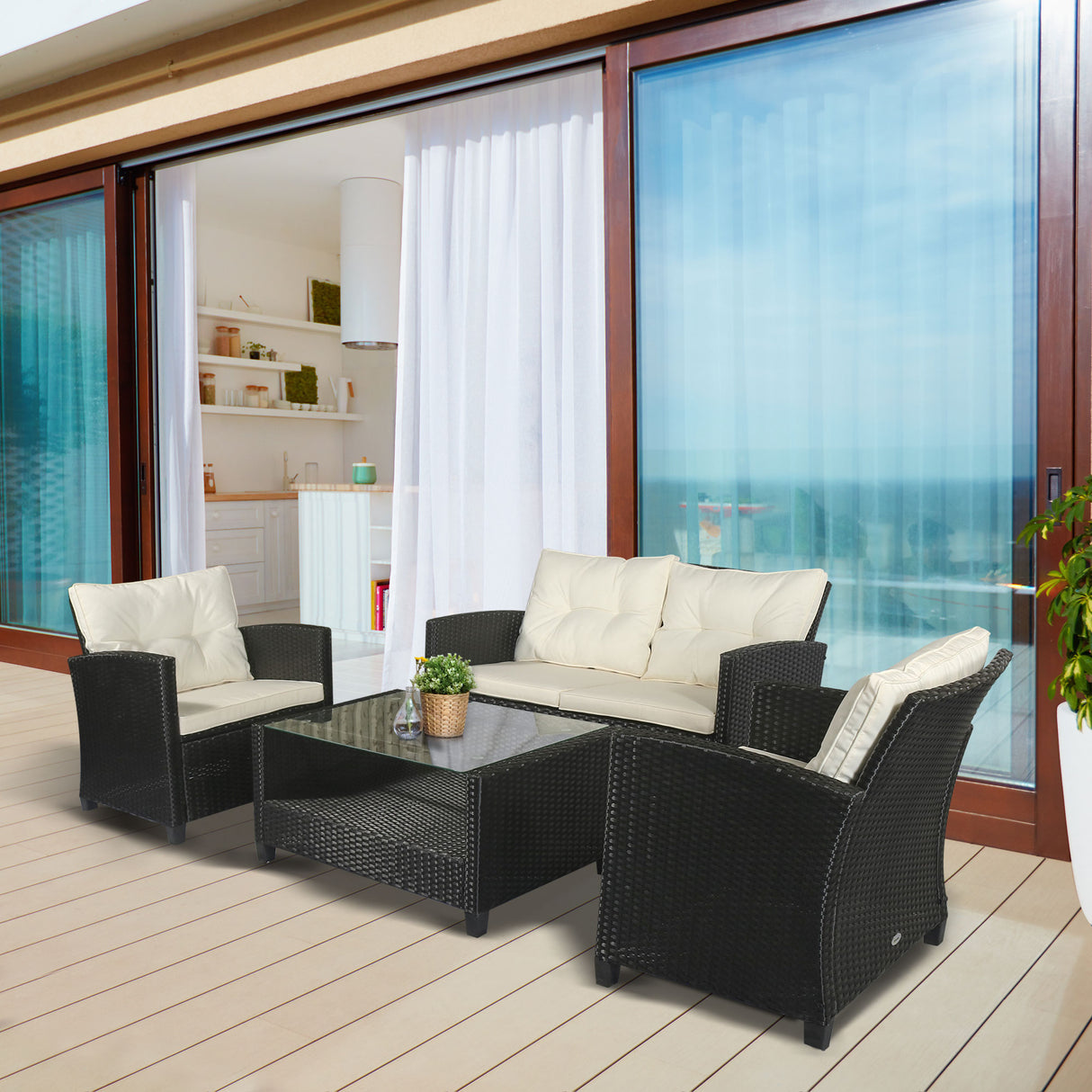 easycomfort easycomfort set mobili da giardino 4 pezzi in rattan pe e tavolino divano e poltrone imbottiti nero e beige 124x68x76cm