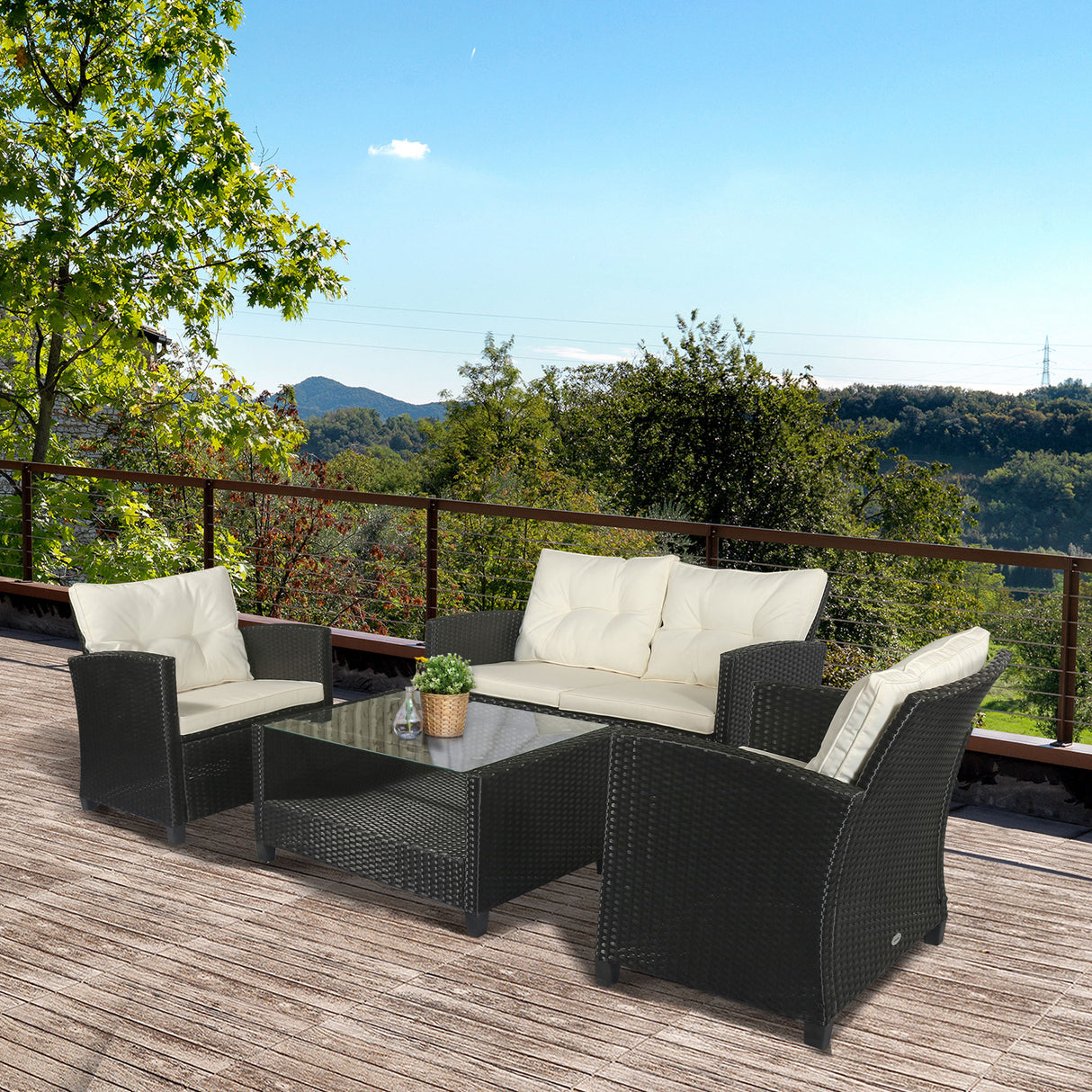 easycomfort easycomfort set mobili da giardino 4 pezzi in rattan pe e tavolino divano e poltrone imbottiti nero e beige 124x68x76cm