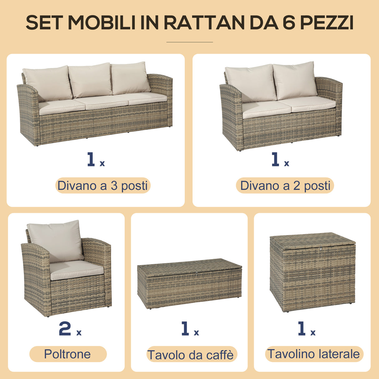 easycomfort easycomfort set mobili da giardino 6 pezzi in rattan con divani poltrone e tavoli contenitore beige