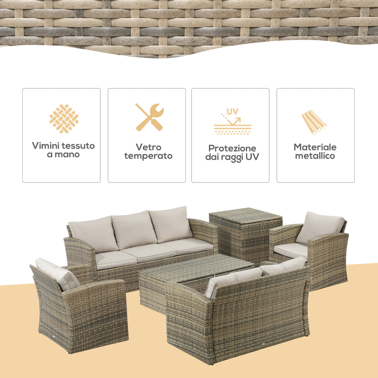easycomfort easycomfort set mobili da giardino 6 pezzi in rattan con divani poltrone e tavoli contenitore beige