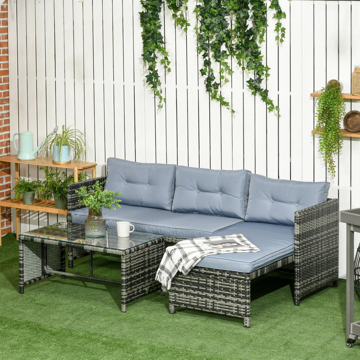 easycomfort easycomfort salotto da giardino con divanetto chaise longue e tavolino in rattan pe con cuscini grigio