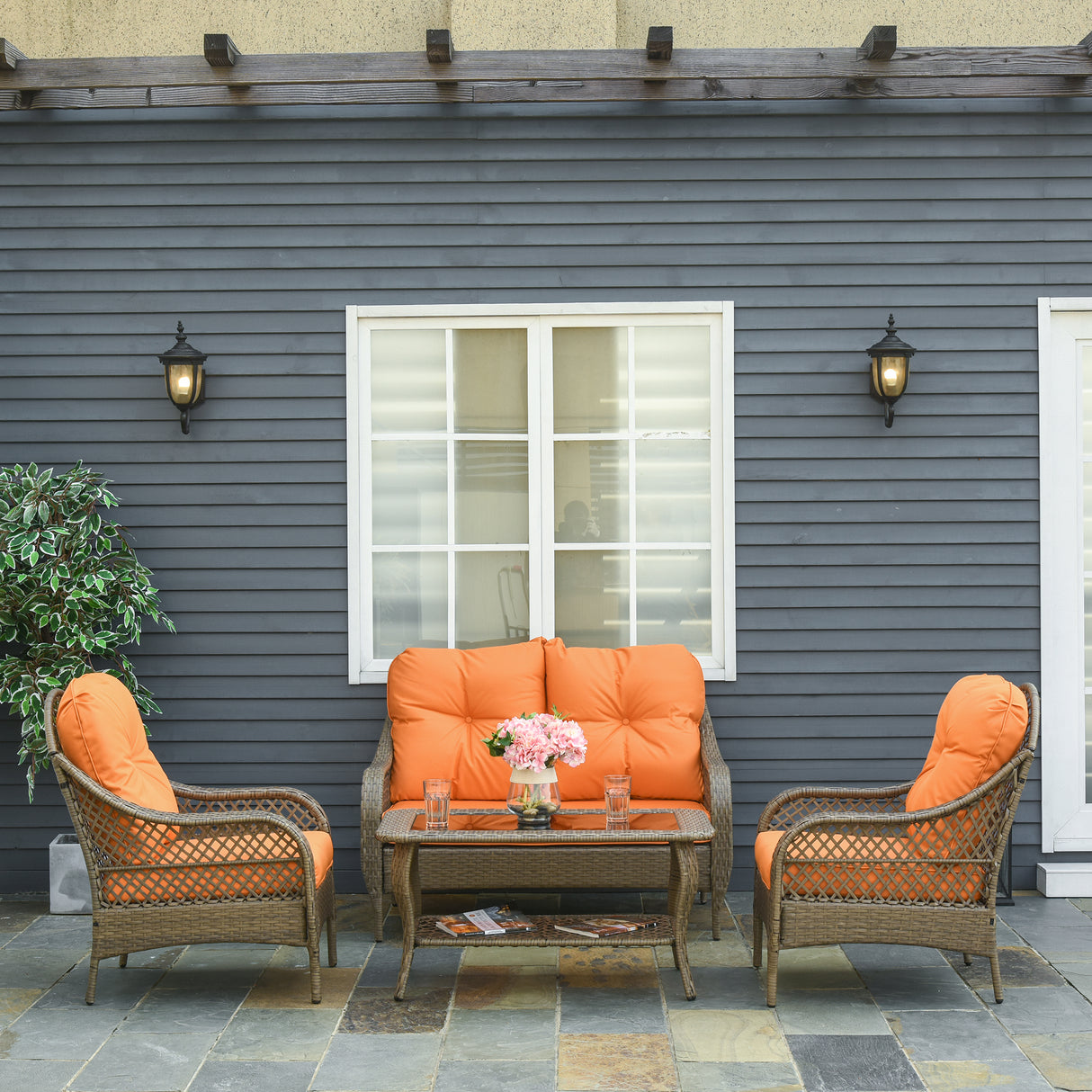 easycomfort easycomfort set mobili da giardino in rattan pe con 2 poltrone divano a 2 posti e tavolo e cuscini colore khaki e arancione