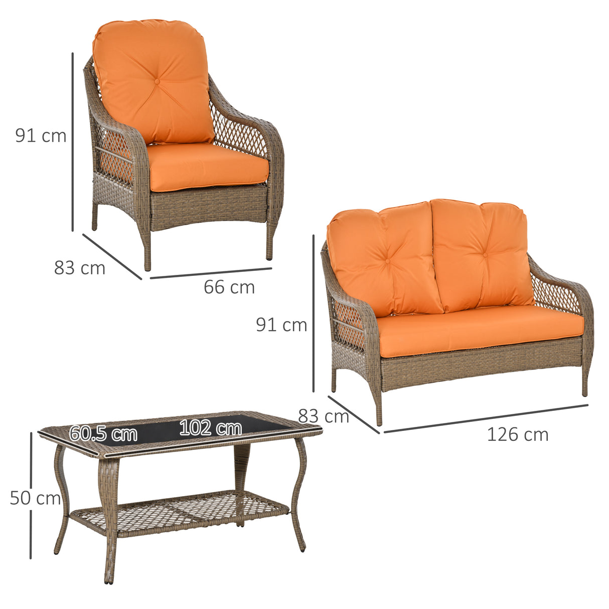 easycomfort easycomfort set mobili da giardino in rattan pe con 2 poltrone divano a 2 posti e tavolo e cuscini colore khaki e arancione