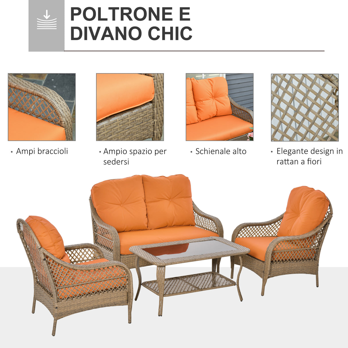 easycomfort easycomfort set mobili da giardino in rattan pe con 2 poltrone divano a 2 posti e tavolo e cuscini colore khaki e arancione