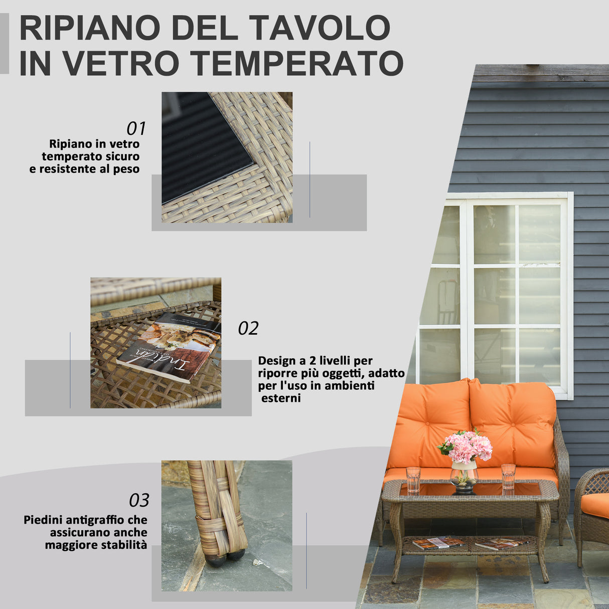easycomfort easycomfort set mobili da giardino in rattan pe con 2 poltrone divano a 2 posti e tavolo e cuscini colore khaki e arancione