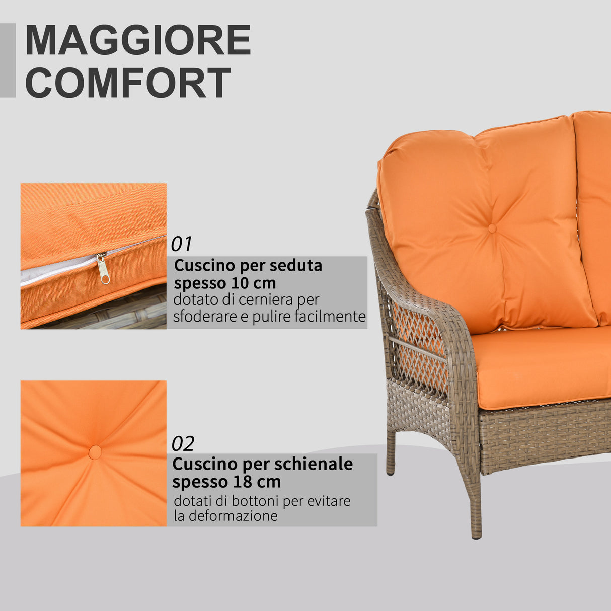 easycomfort easycomfort set mobili da giardino in rattan pe con 2 poltrone divano a 2 posti e tavolo e cuscini colore khaki e arancione