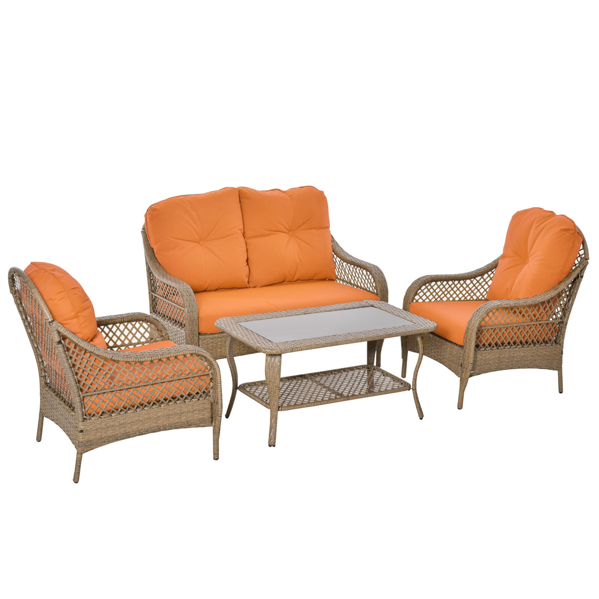 easycomfort easycomfort set mobili da giardino in rattan pe con 2 poltrone divano a 2 posti e tavolo e cuscini colore khaki e arancione