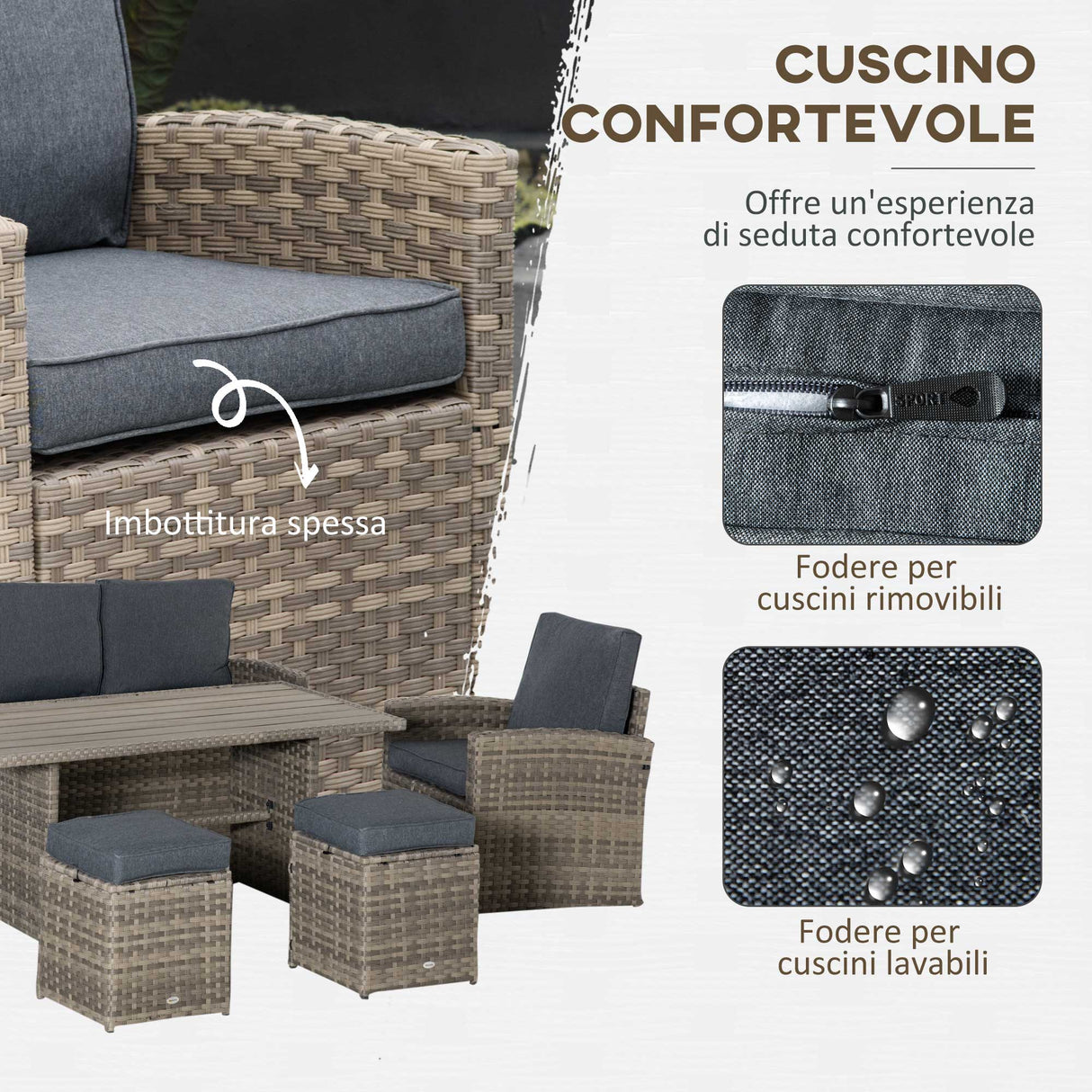 easycomfort set salotto da giardino in rattan pe con divano 3 posti 2 poltrone 2 sgabelli e tavolo grigio