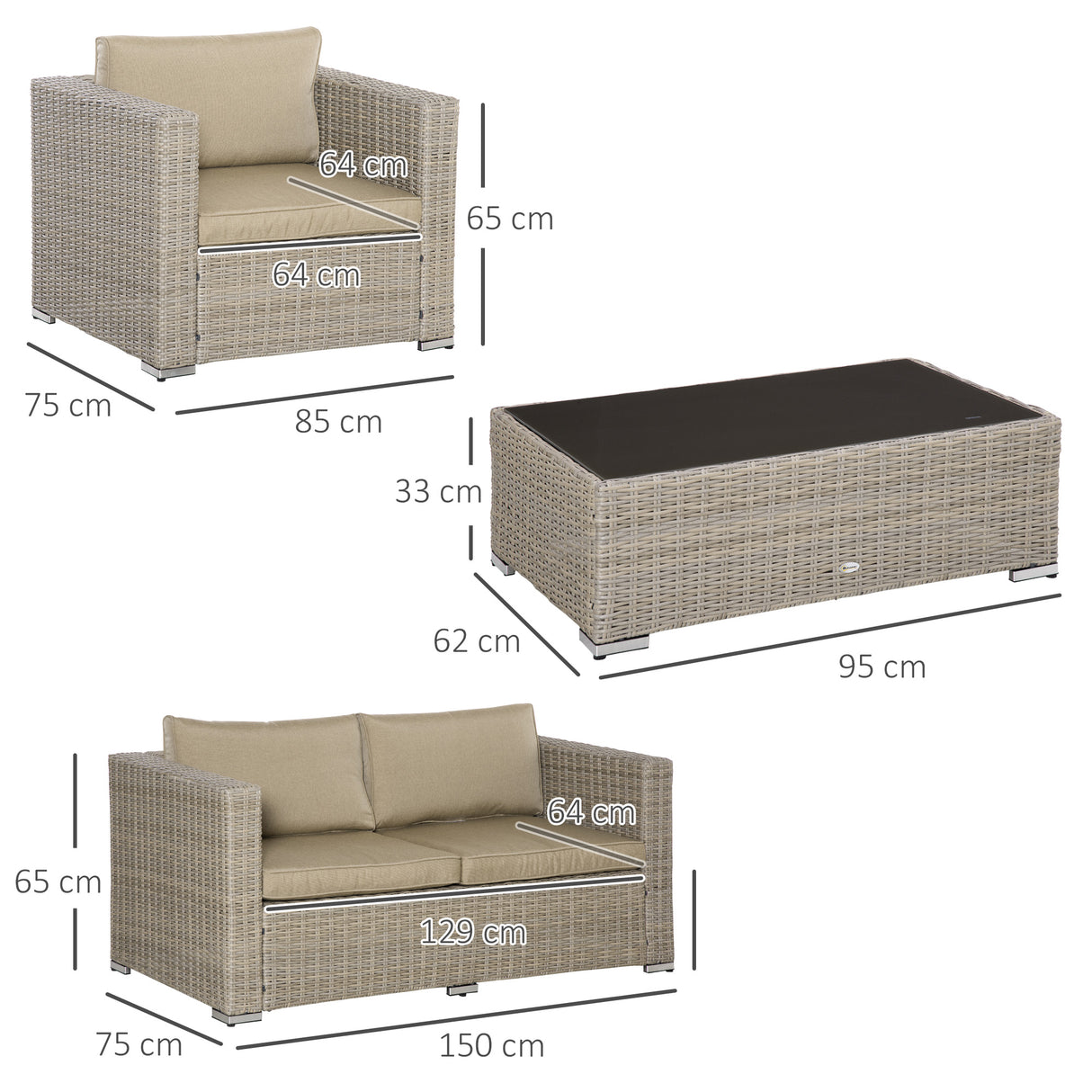 easycomfort set mobili da giardino 4 pezzi in rattan pe salotto da esterno con 1 divano 2 poltrone 1 tavolino e cuscini rimovibili e lavabili kaki e beige