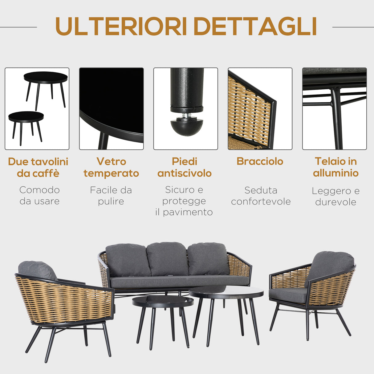 easycomfort set mobili da giardino in rattan 5 pezzi salottino da esterno con 2 tavolini divano 3 posti e 2 poltrone con cuscini