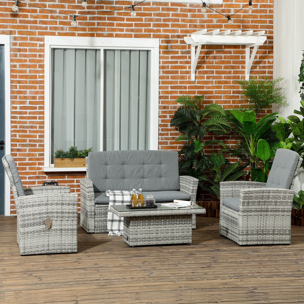 easycomfort easycomfort set da giardino 4pz in rattan grigio con tavolo ad altezza regolabile 2 poltrone reclinabili e divano 2 posti