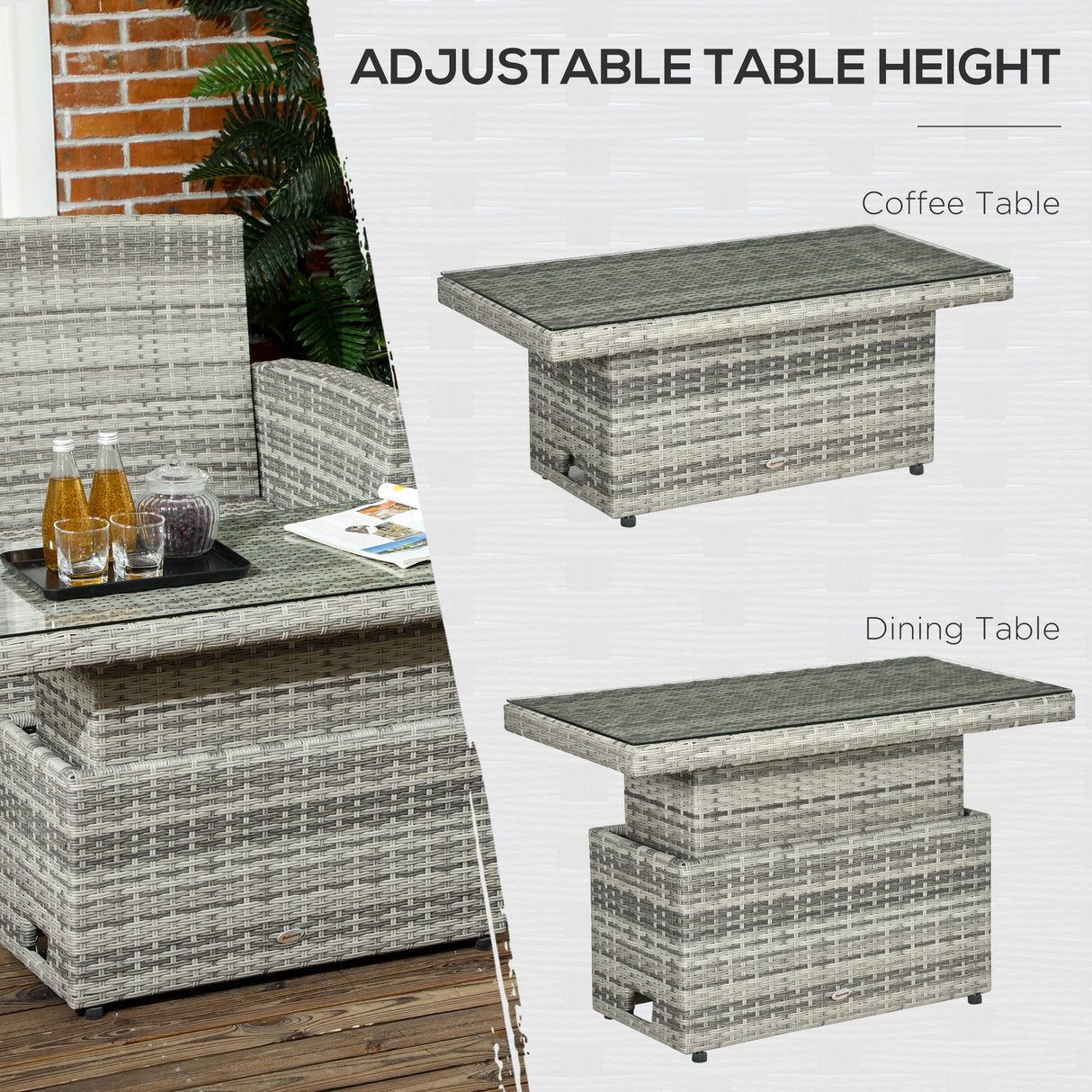 easycomfort easycomfort set da giardino 4pz in rattan grigio con tavolo ad altezza regolabile 2 poltrone reclinabili e divano 2 posti