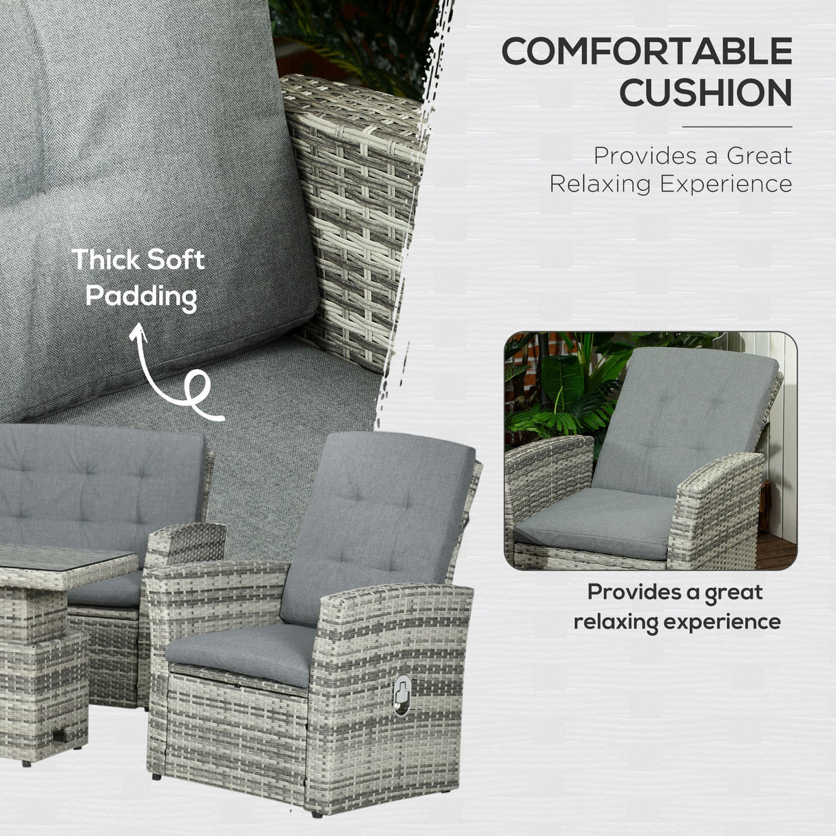 easycomfort easycomfort set da giardino 4pz in rattan grigio con tavolo ad altezza regolabile 2 poltrone reclinabili e divano 2 posti