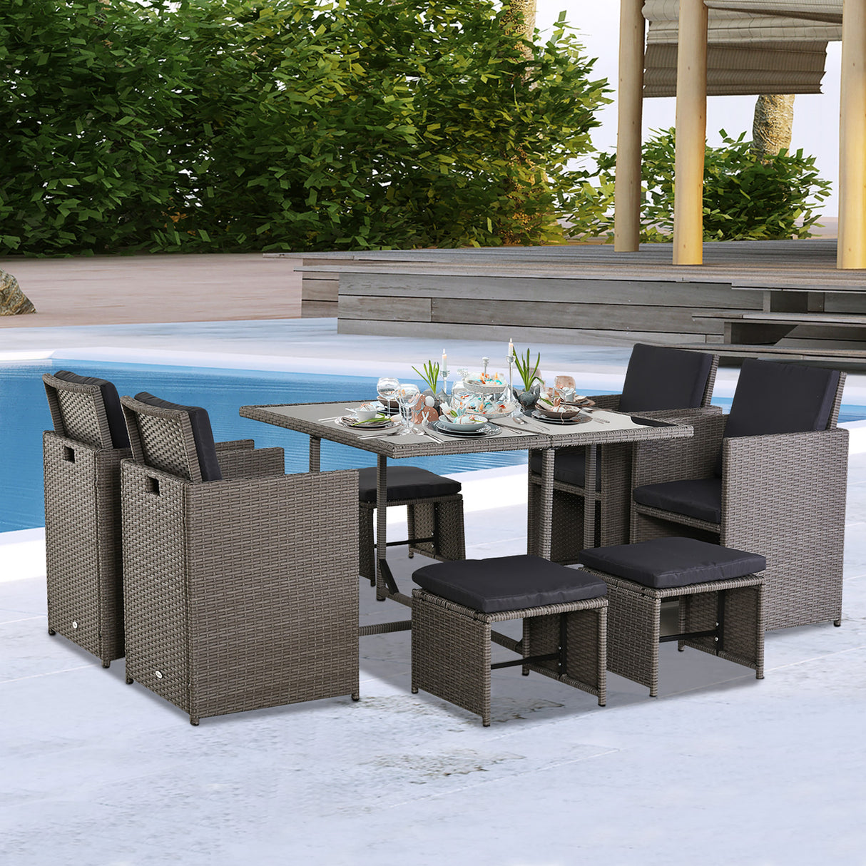 easycomfort set mobili da giardino esterno 9 pezzi tavolo con 4 sedie 4 poggiapiedi in rattan grigio