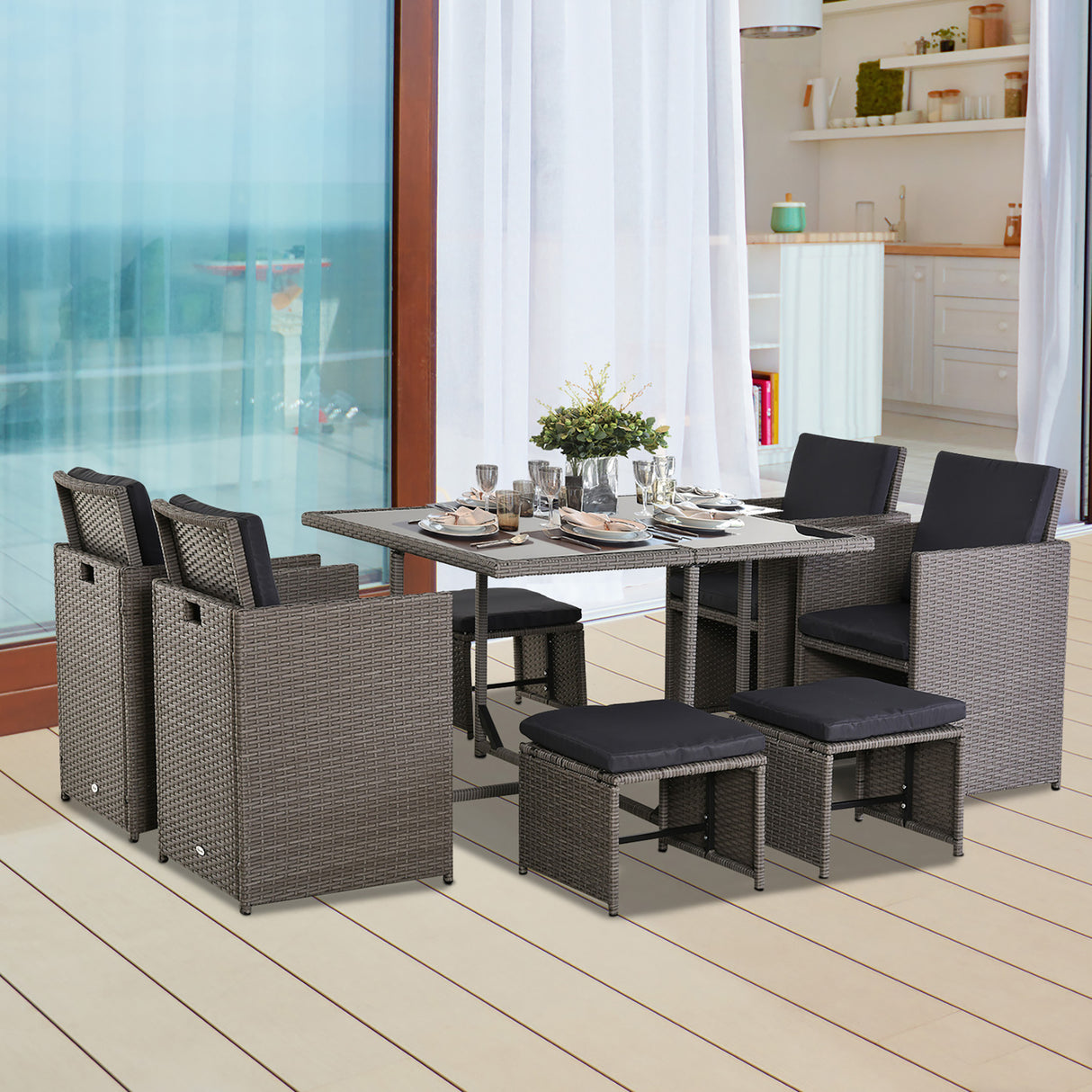 easycomfort set mobili da giardino esterno 9 pezzi tavolo con 4 sedie 4 poggiapiedi in rattan grigio