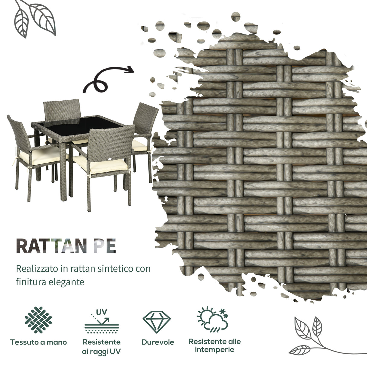 easycomfort set da esterni in rattan pe con tavolo e 4 sedie con cuscini grigio