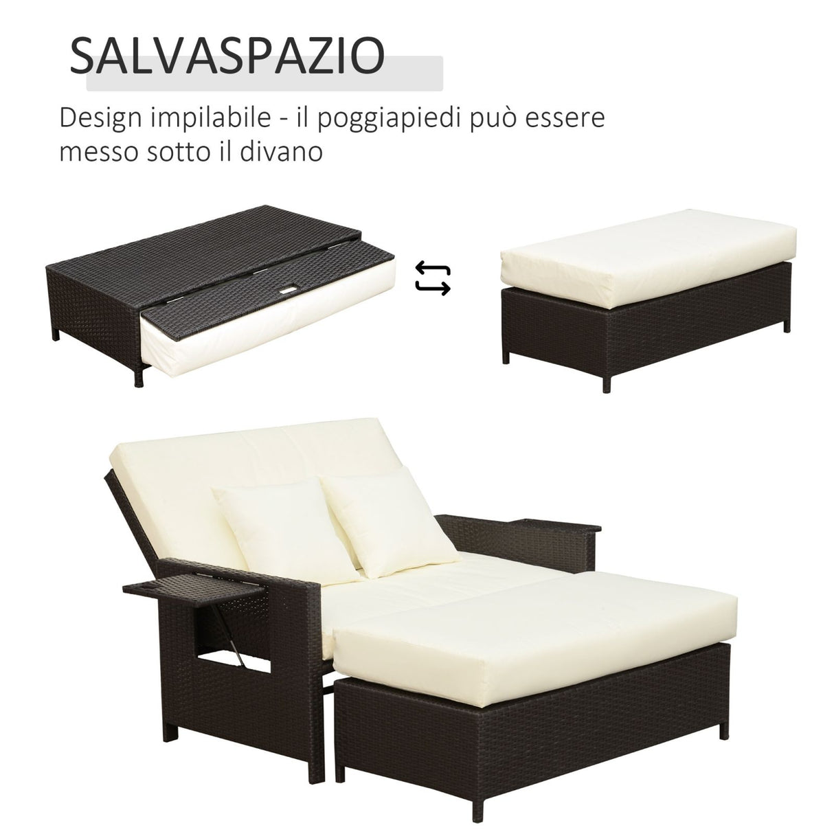 easycomfort easycomfort divanetto da giardino con panca poggiapiedi in rattan pe marrone