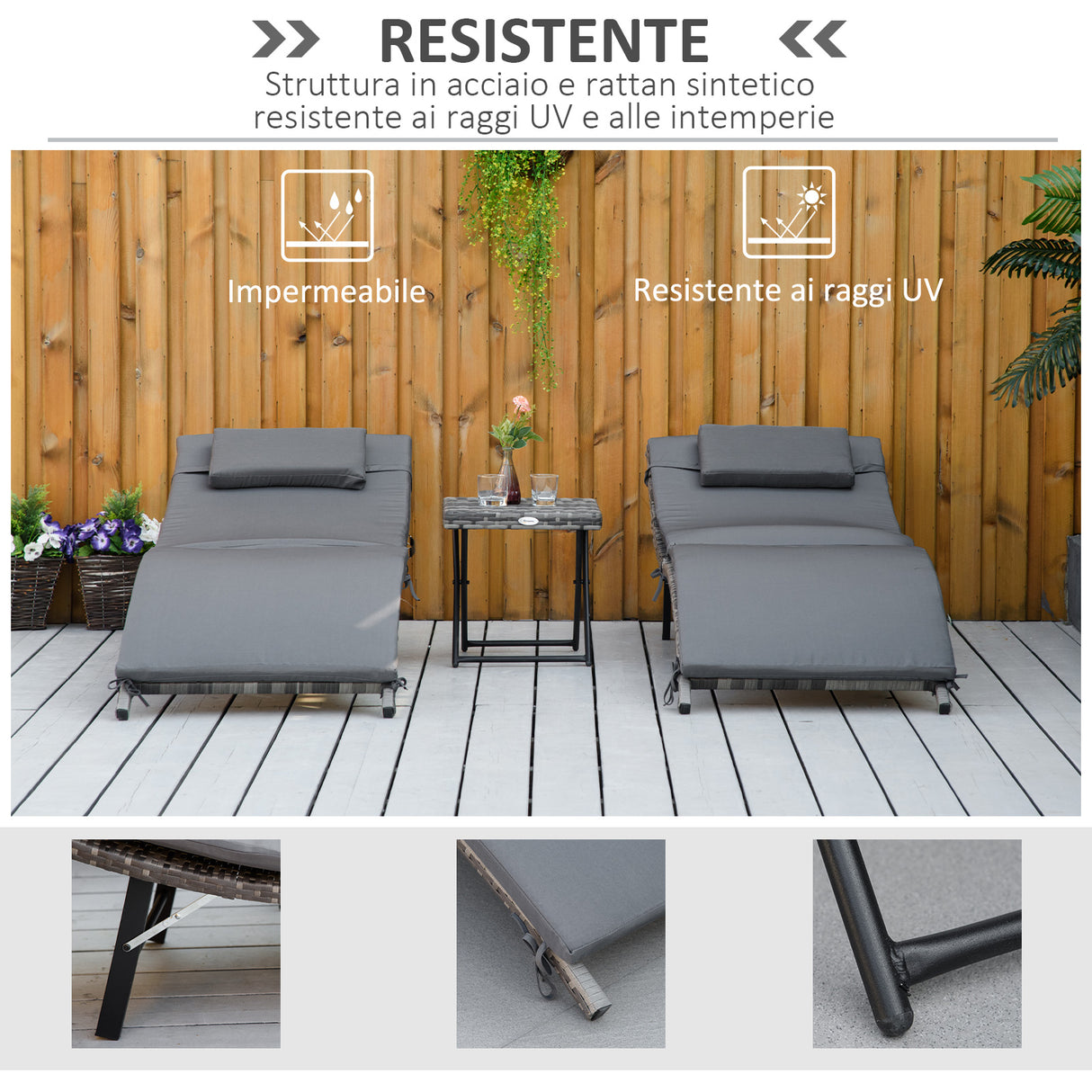 easycomfort lettini prendisole richiudibili con cuscini rimovibili e tavolino pieghevole set 3 pz in rattan grigio 33098