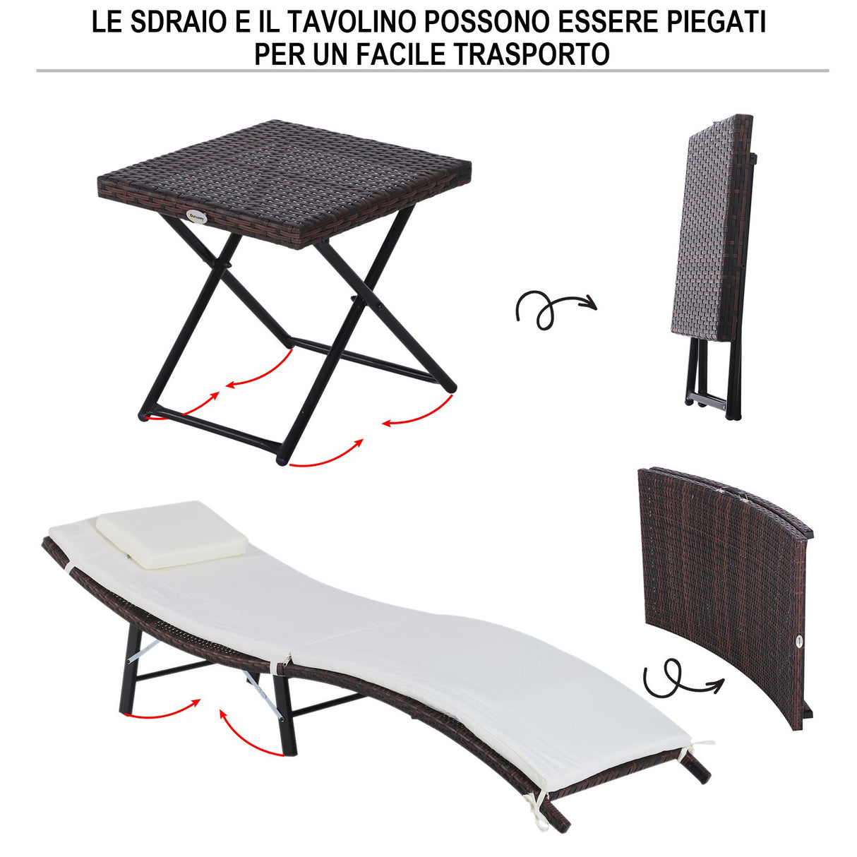 easycomfort easycomfort set 2 sdraio lettino e tavolino in pe rattan con cuscini rimovibili marrone crema
