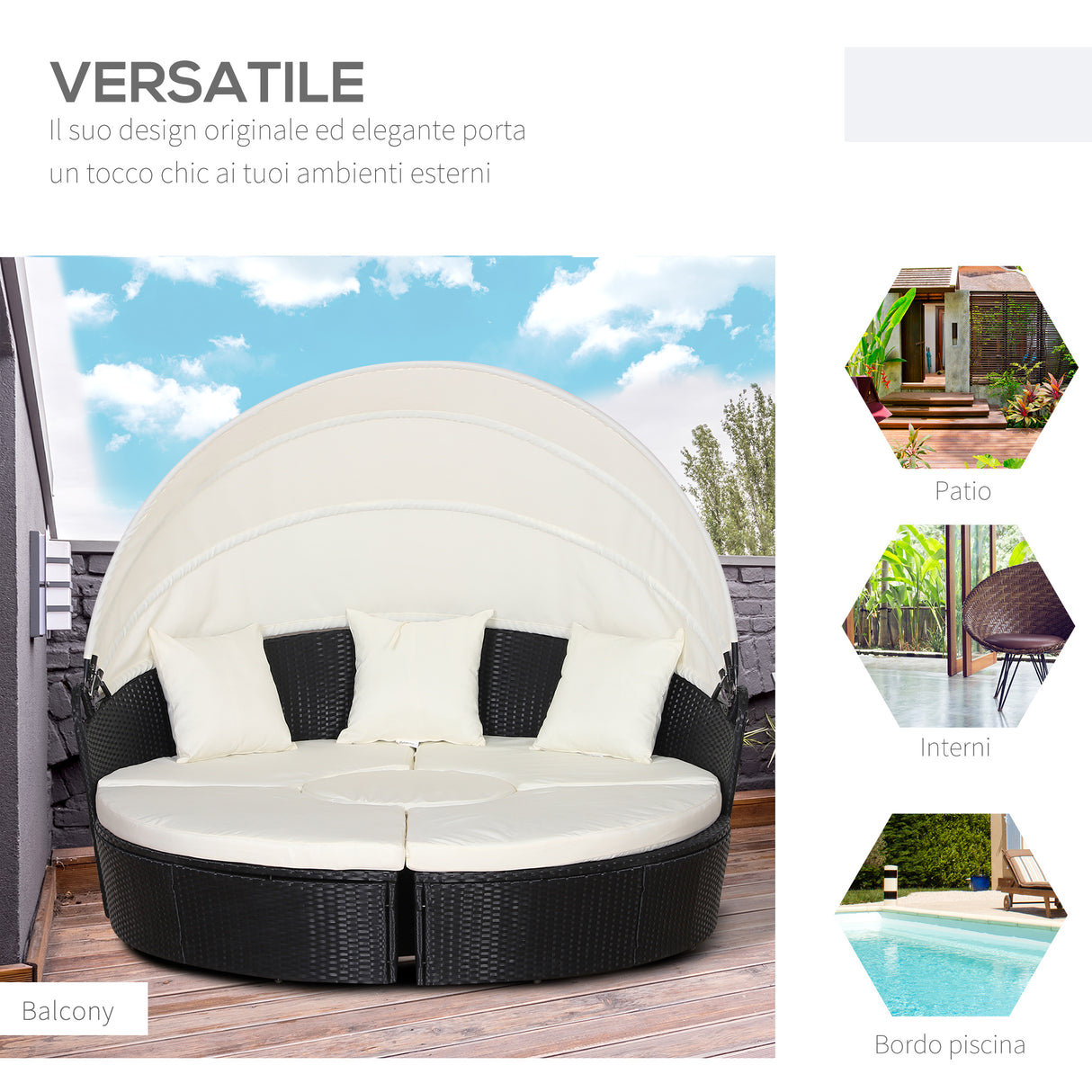 easycomfort easycomfort set 4 pzi divano circolare da giardino mobili componibili rattan nero tettuccio e cuscini beige 180x175x147cm