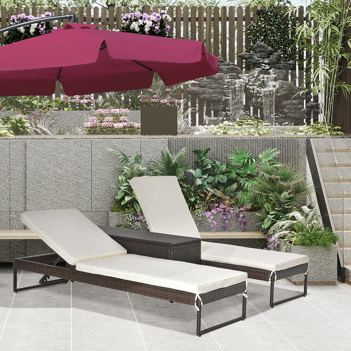 easycomfort easycomfort 3pz componibile 2 lettino prendisole da giardino 60 x 195 x 86cm e 1 tavolino 121 x 40 x 50cm rattan con materassini marrone e bianco crema