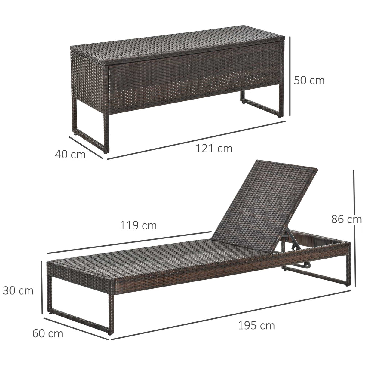 easycomfort easycomfort 3pz componibile 2 lettino prendisole da giardino 60 x 195 x 86cm e 1 tavolino 121 x 40 x 50cm rattan con materassini marrone e bianco crema