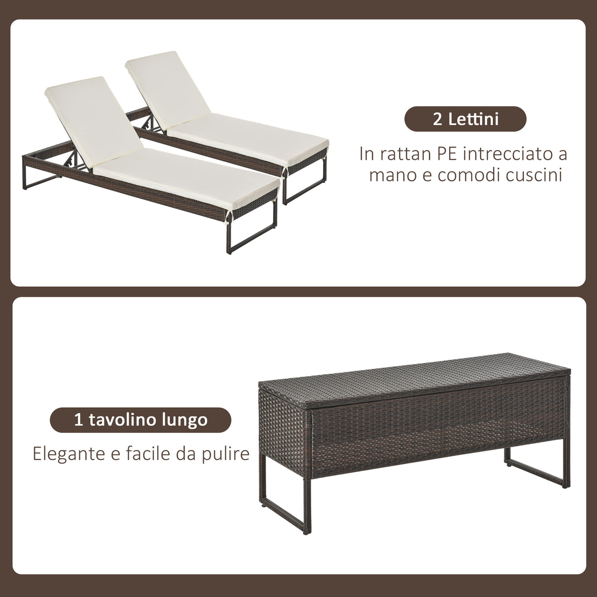 easycomfort easycomfort 3pz componibile 2 lettino prendisole da giardino 60 x 195 x 86cm e 1 tavolino 121 x 40 x 50cm rattan con materassini marrone e bianco crema