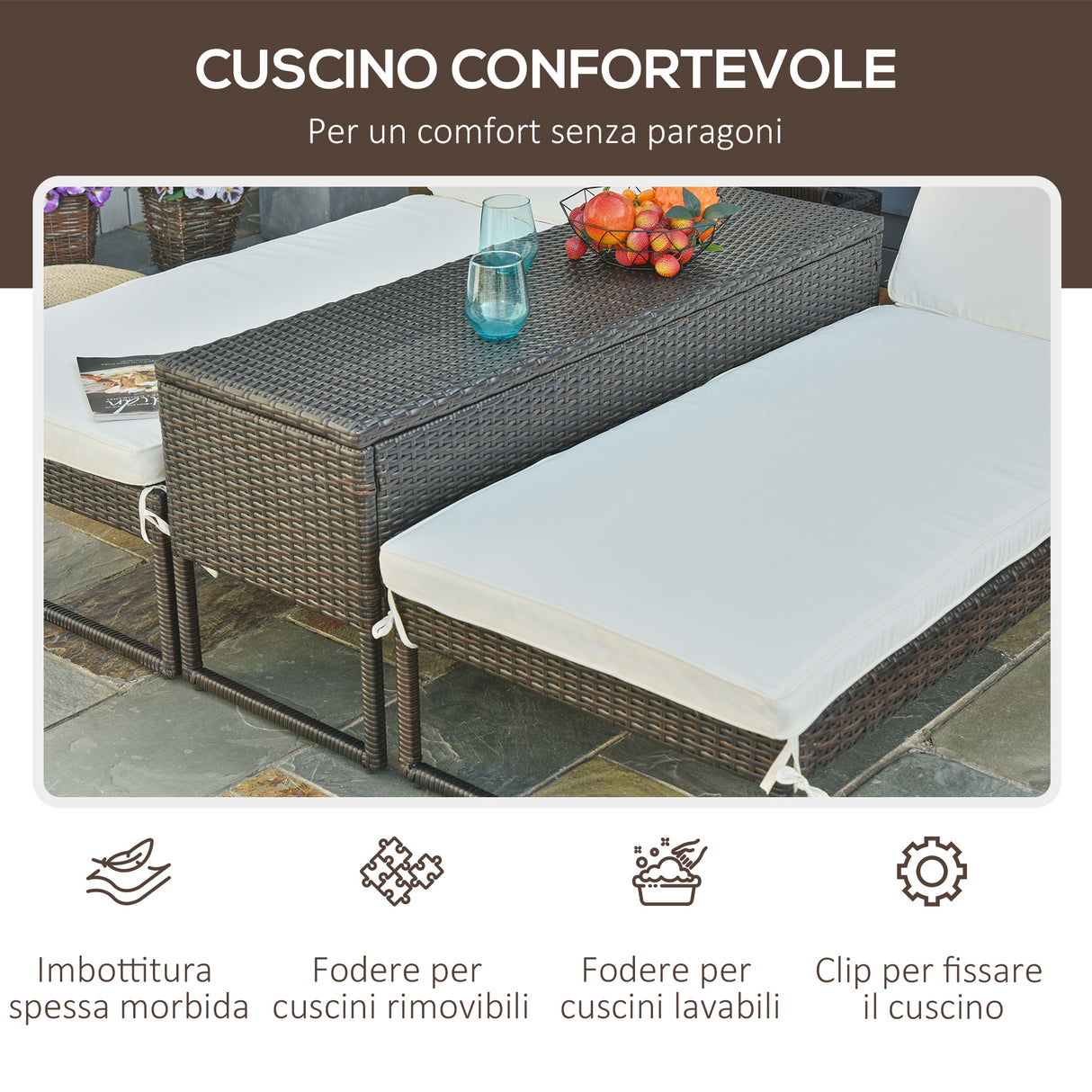 easycomfort easycomfort 3pz componibile 2 lettino prendisole da giardino 60 x 195 x 86cm e 1 tavolino 121 x 40 x 50cm rattan con materassini marrone e bianco crema