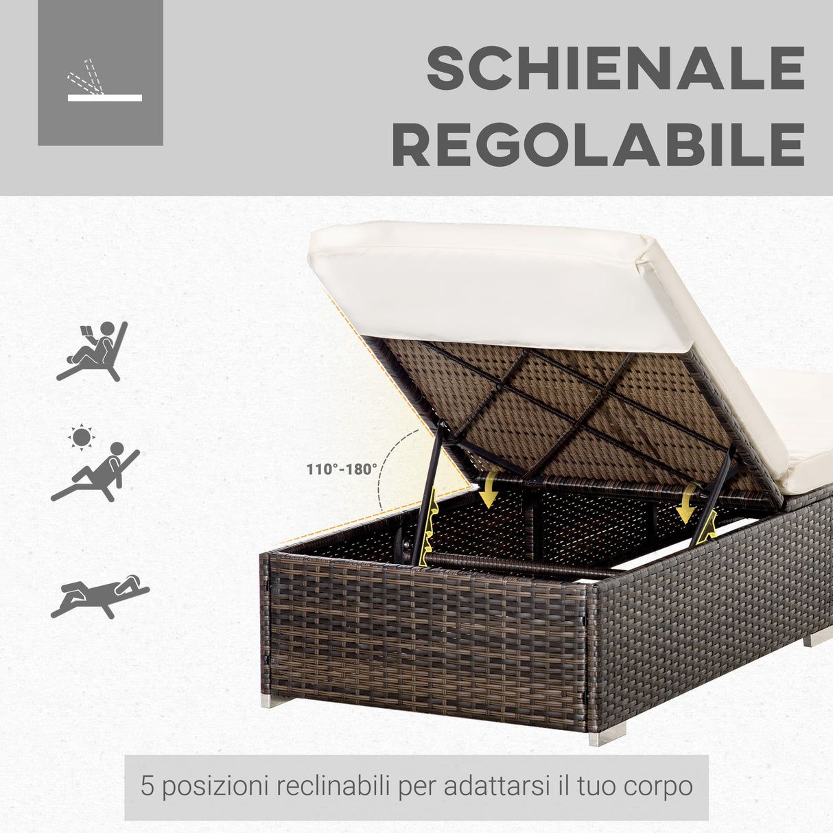 easycomfort easycomfort lettino prendisole in rattan pe con schienale reclinabile su 5 posizioni 195x68x31cm marrone