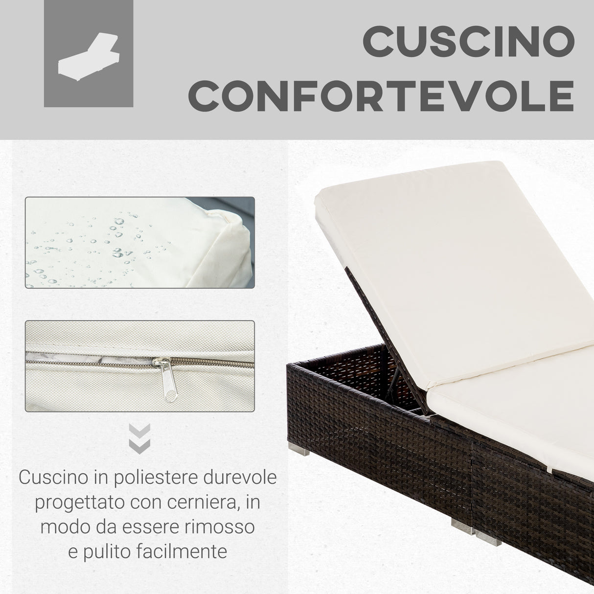 easycomfort easycomfort lettino prendisole in rattan pe con schienale reclinabile su 5 posizioni 195x68x31cm marrone