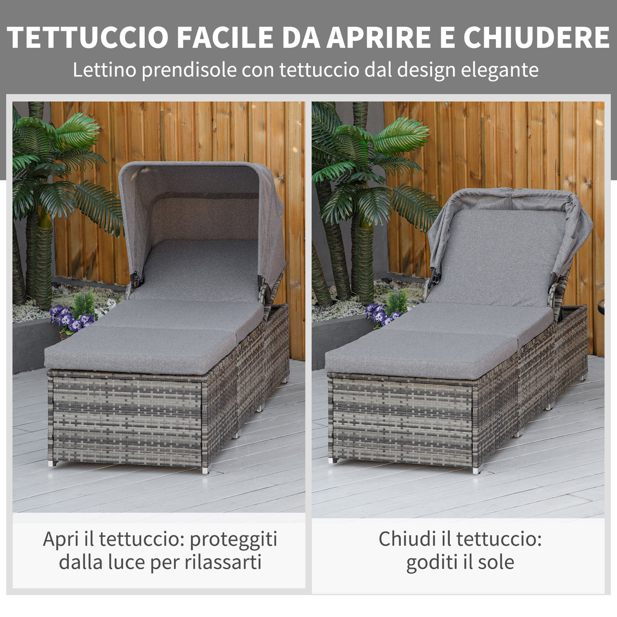 easycomfort easycomfort lettino prendisole in rattan pe schienale reclinabile a 4 livelli tettuccio e materassino