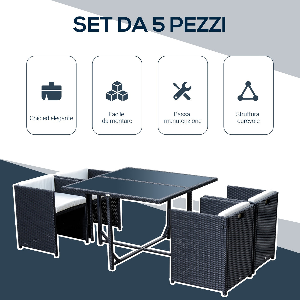 easycomfort easycomfort set mobili da giardino 5pz set tavolo da pranzo con 4 sedie con cuscini combinabili a rettangolo nero 109x109x72 cm