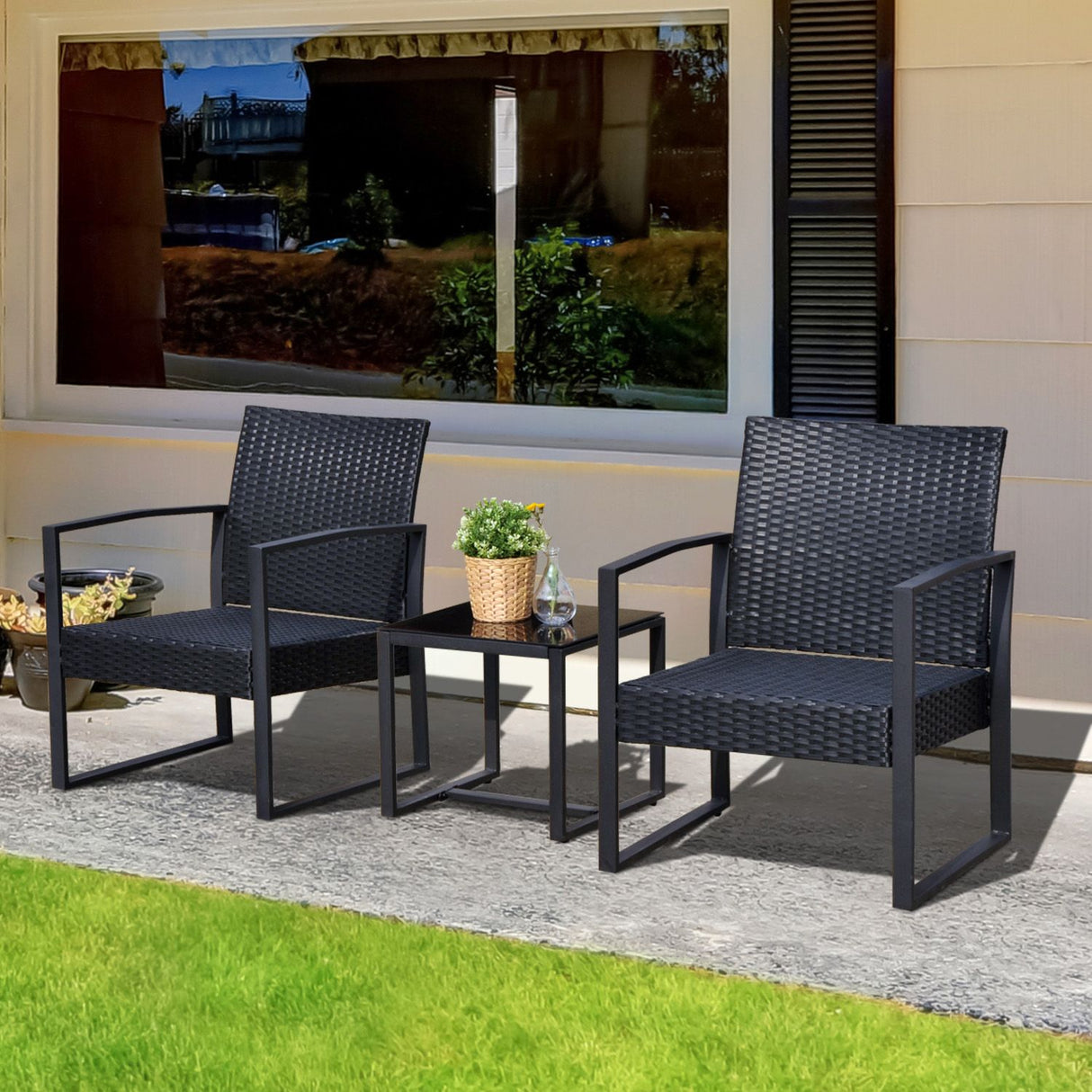 easycomfort easycomfort set mobili in rattan da esterno tavolino con 2 sedie con cuscini nero