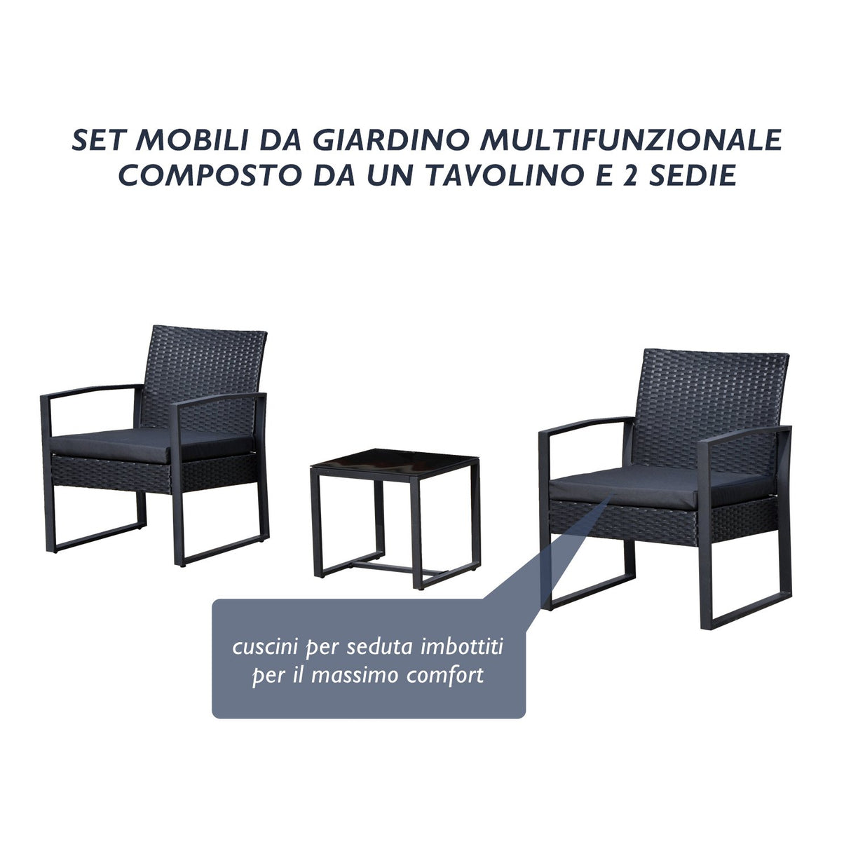 easycomfort easycomfort set mobili in rattan da esterno tavolino con 2 sedie con cuscini nero