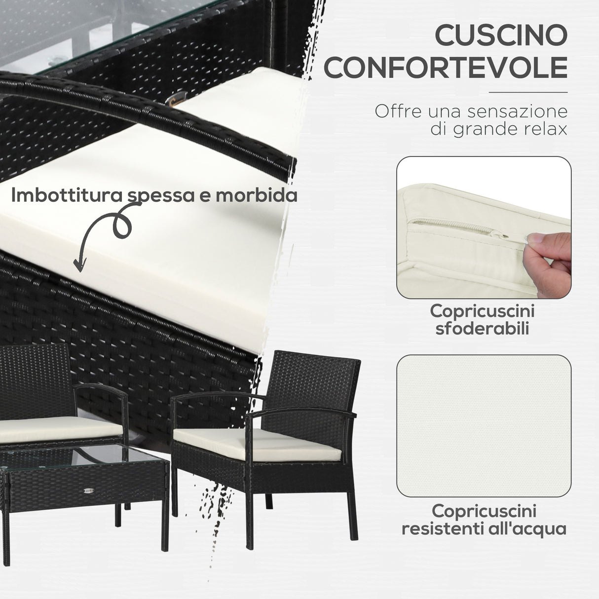easycomfort easycomfort salotti da giardino in pe rattan con tavolino 2 poltrone e divano con cuscini nero