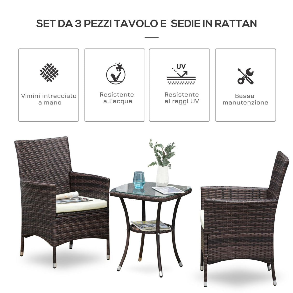 easycomfort easycomfort set poltroncine da giardino in rattan con tavolino marrone