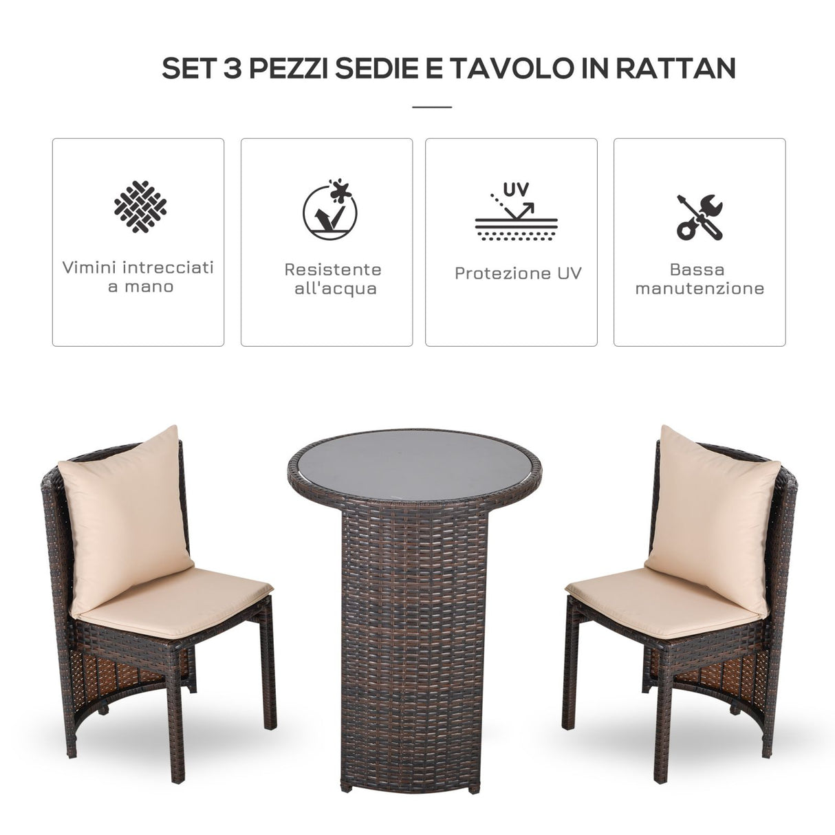 easycomfort easycomfort set tavolino e 2 sedie da esterno in pe rattan marrone e beige