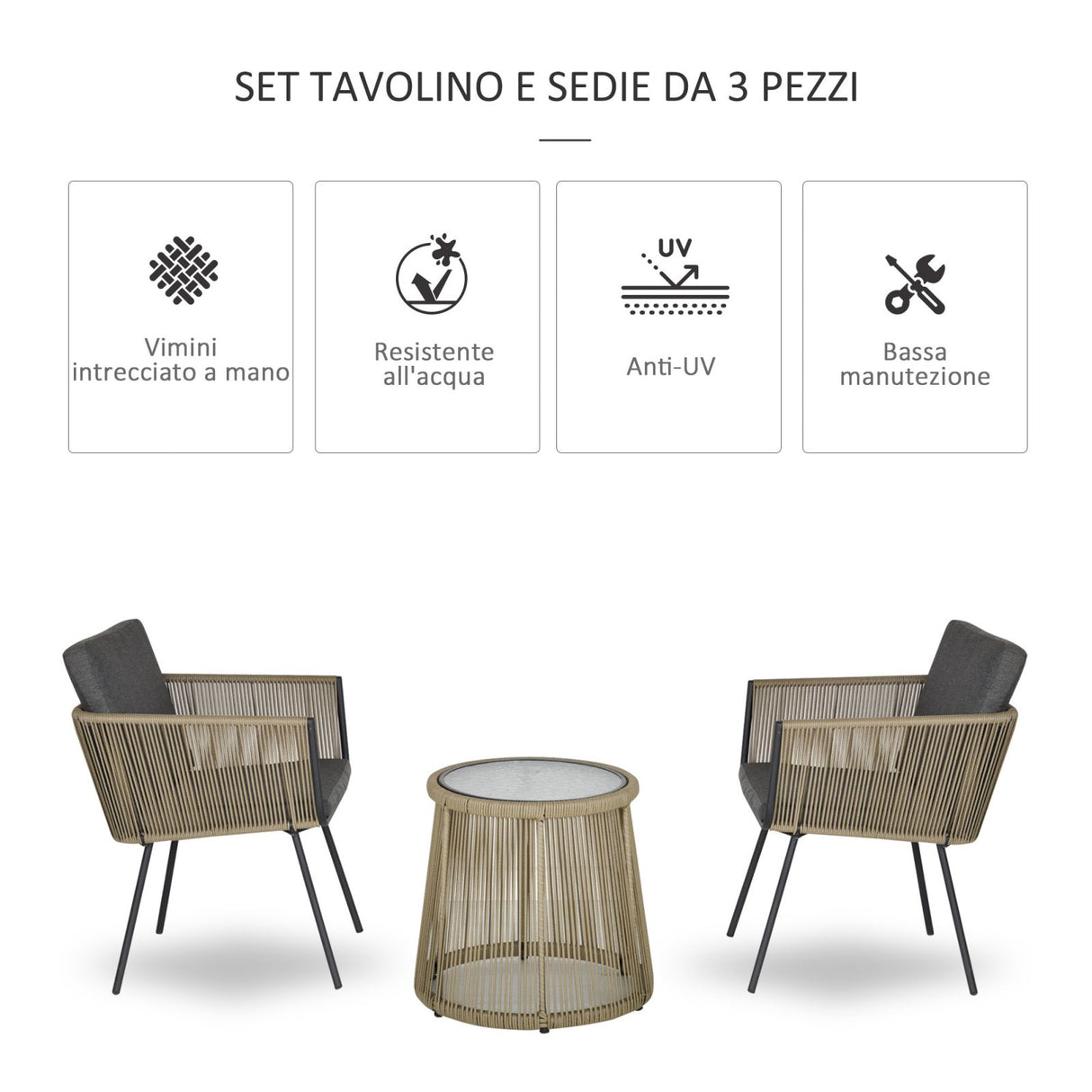 easycomfort easycomfort set 2 poltroncine con tavolino da esterno in pe rattan cachi e grigio