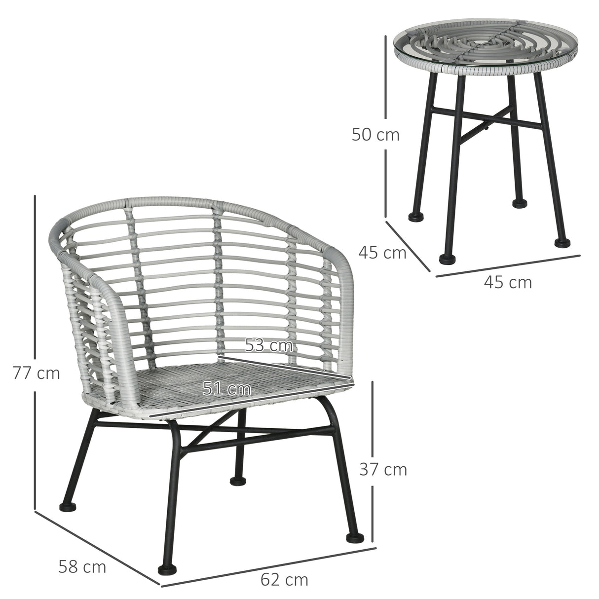 easycomfort set 3pz mobili da giardino in rattan sintetico con 1 tavolino e 2 sedie grigio
