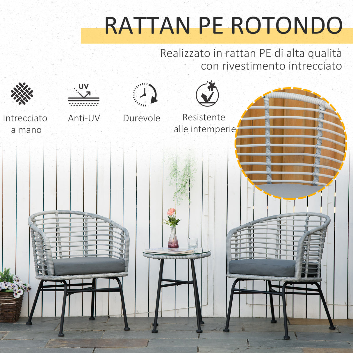 easycomfort set 3pz mobili da giardino in rattan sintetico con 1 tavolino e 2 sedie grigio