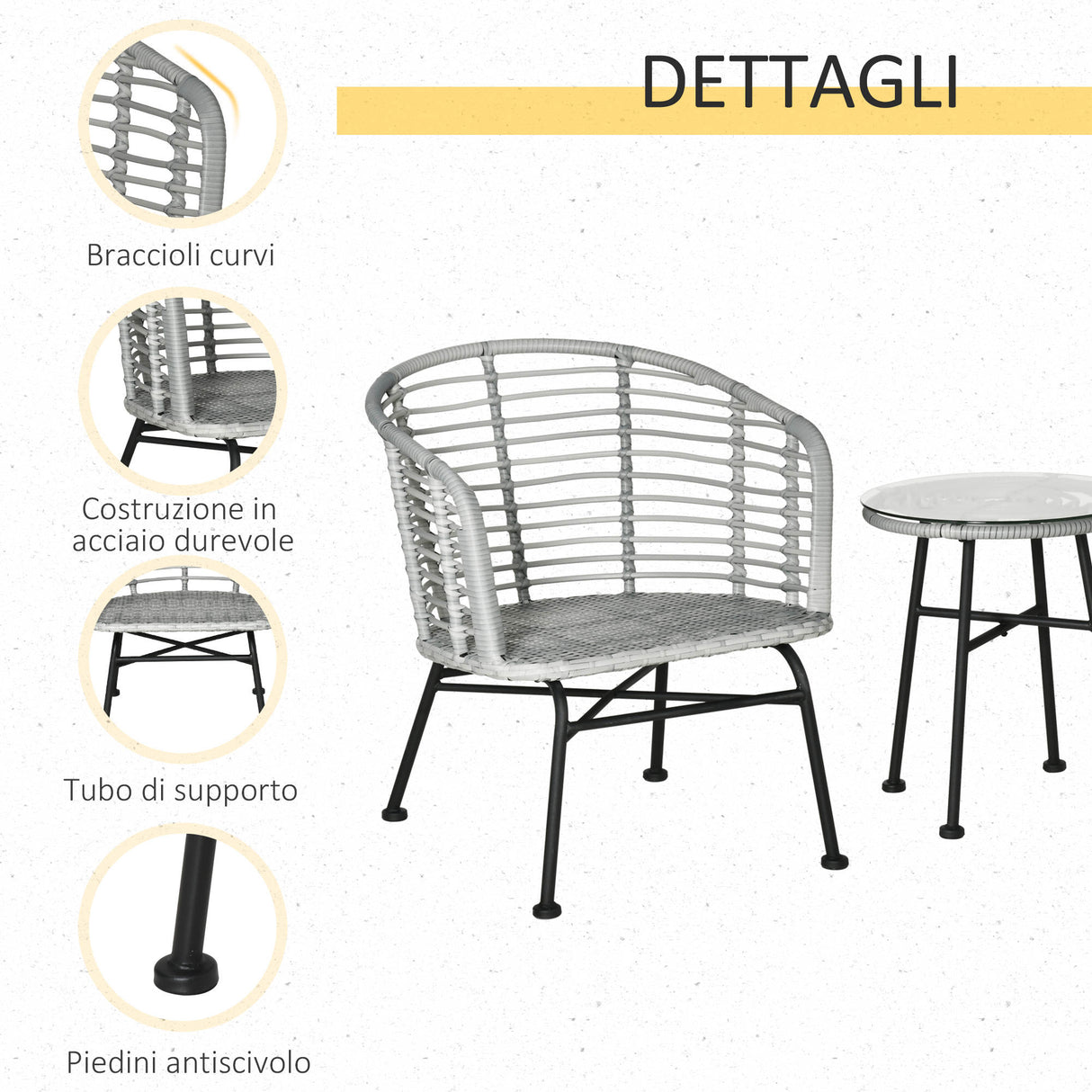 easycomfort set 3pz mobili da giardino in rattan sintetico con 1 tavolino e 2 sedie grigio