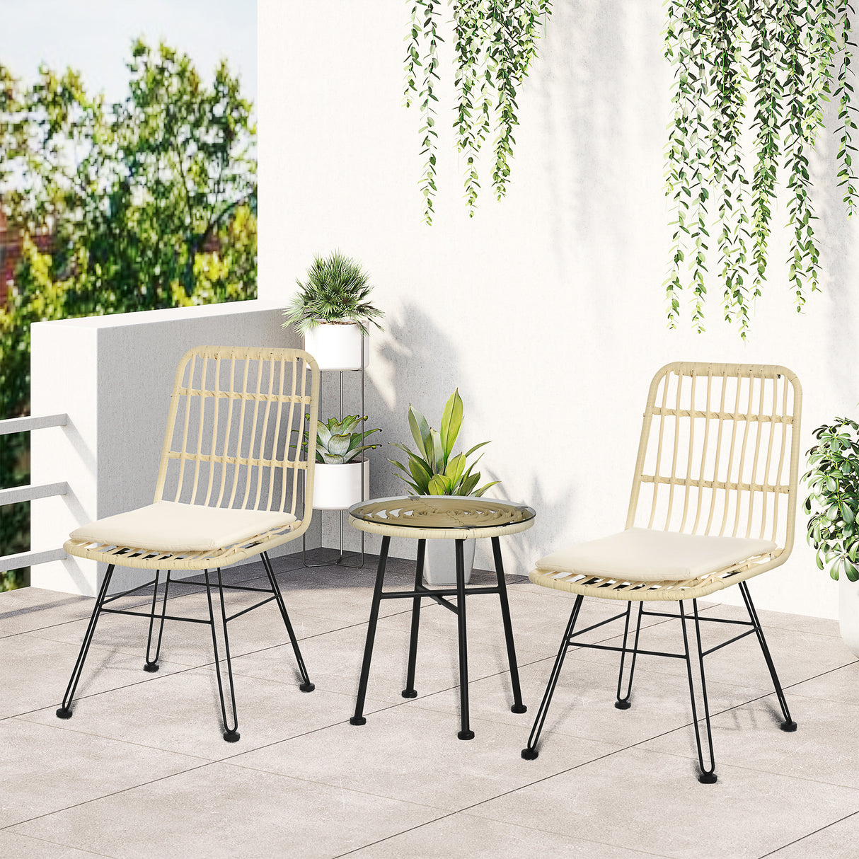 easycomfort set mobili da giardino 3 pezzi con tavolino e sedie in rattan pe poilestere e acciaio per esterni crema