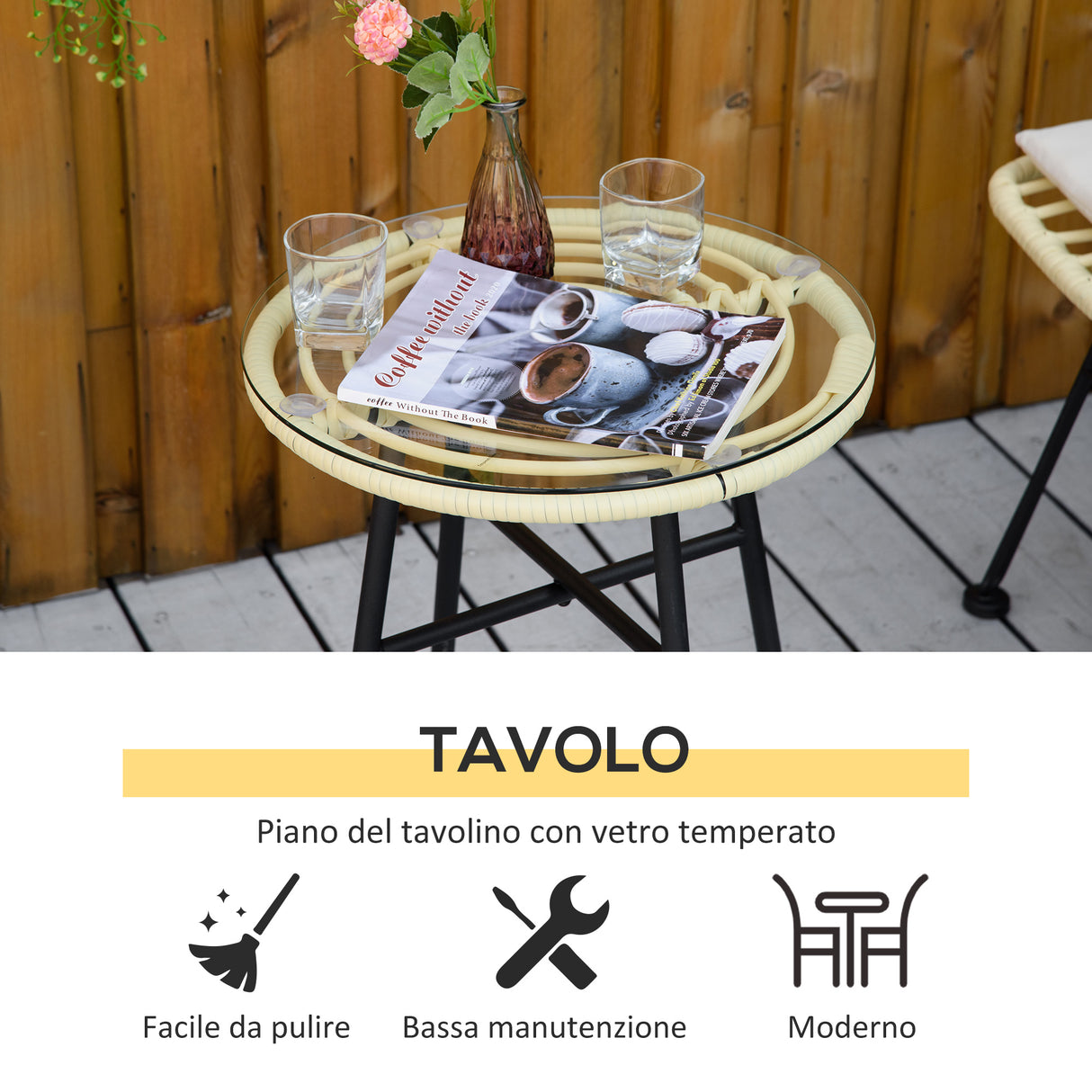 easycomfort set mobili da giardino 3 pezzi con tavolino e sedie in rattan pe poilestere e acciaio per esterni crema