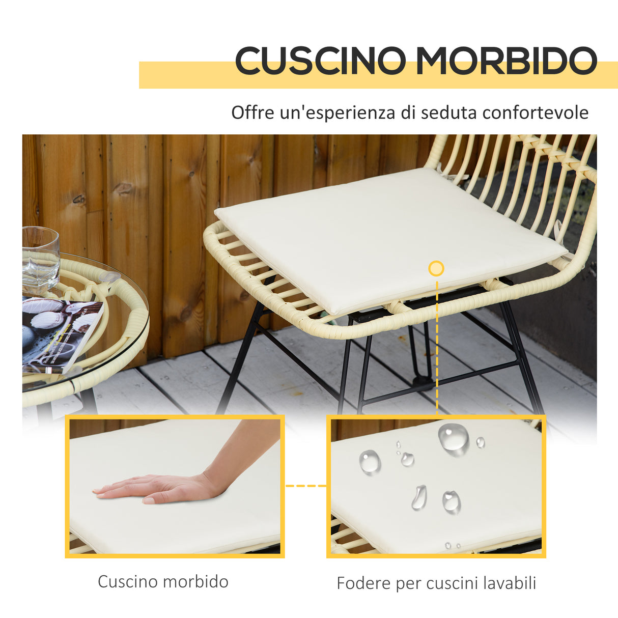 easycomfort set mobili da giardino 3 pezzi con tavolino e sedie in rattan pe poilestere e acciaio per esterni crema