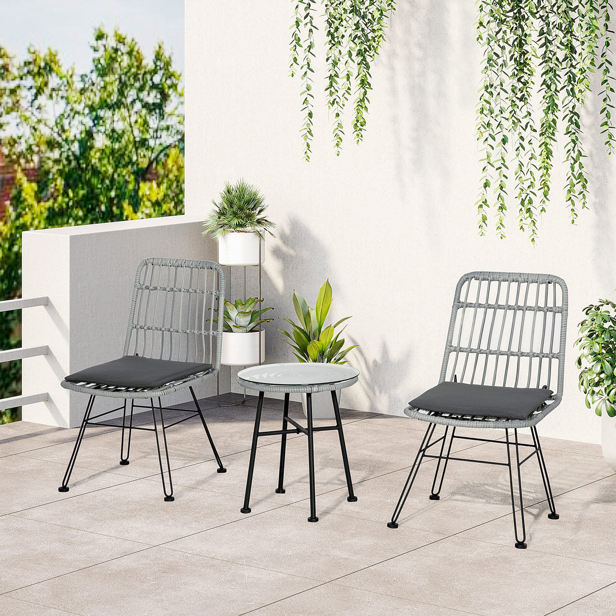 easycomfort set mobili da giardino 3 pezzi con tavolino e sedie in rattan pe poilestere e acciaio per esterni grigio